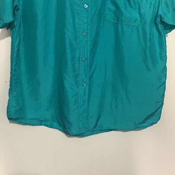 Vintage 90s H.E.R. 100% Silk Button Up Shirt Teal Blue Short Sleeve Medium - Picture 3 of 5